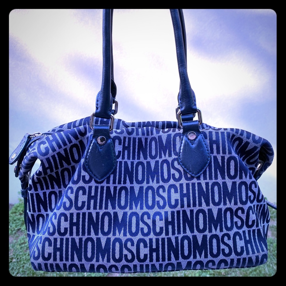 Moschino Blue Monogram Signature Canvas Satchel